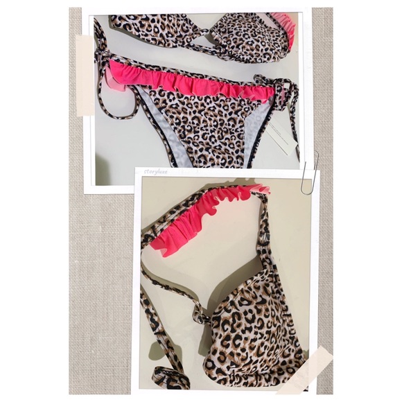 Bikini Swimsuit Set Hot Pink & Leopard Print Ruffle Design Size L - Picture 12 of 15
